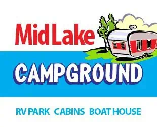 A logo for MidLake Campground featuring an illustration of a red and white trailer with trees in the background. The text reads "MidLake Campground" in large letters, and "RV Park, Cabins, Boat House" underneath on a blue background.