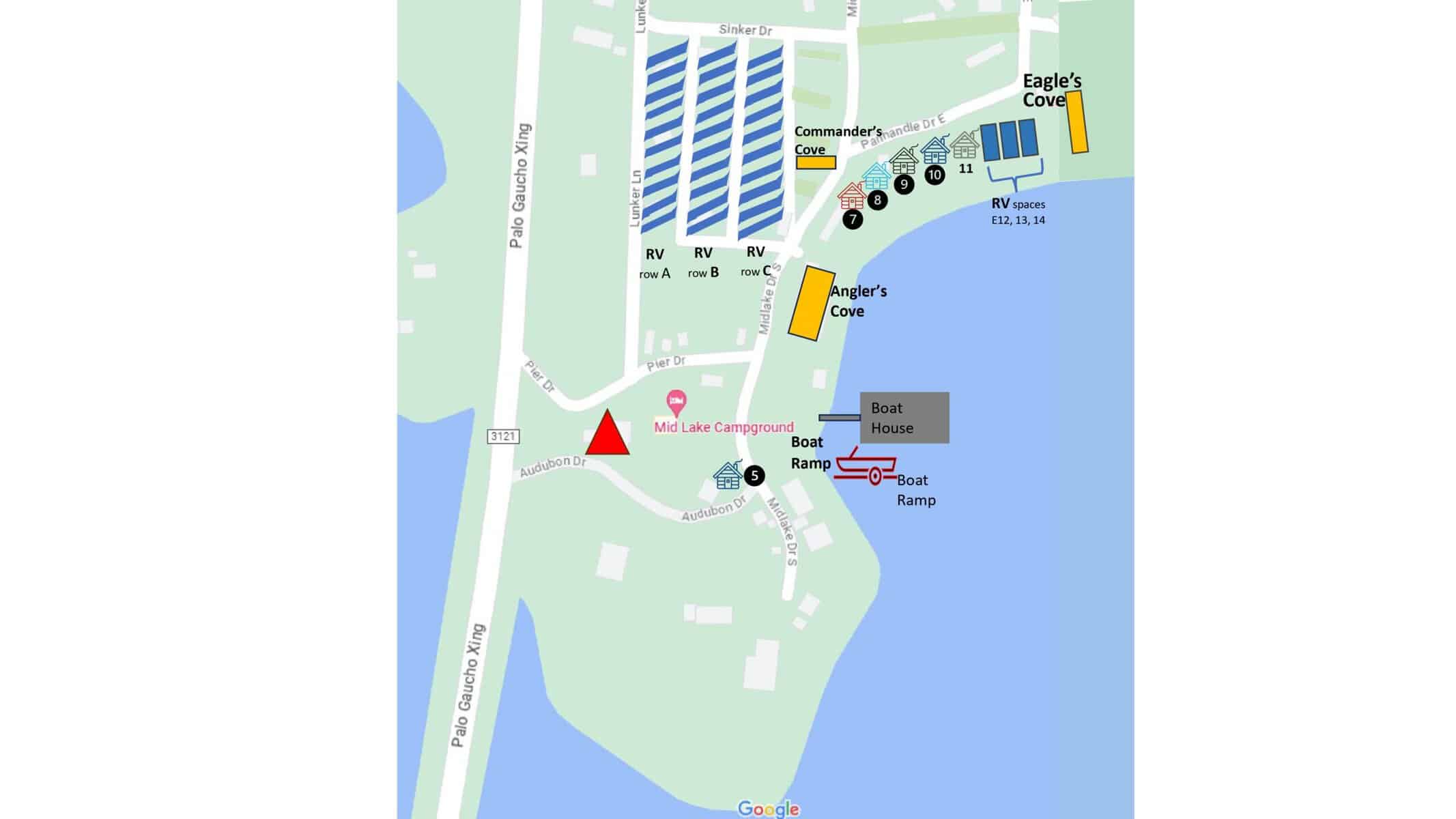 Map of Mud Lake Campground showing RV sites, Eagle's Cove, Angler's Cove, the boat ramp, boat house, parking areas, and surrounding roads and water.