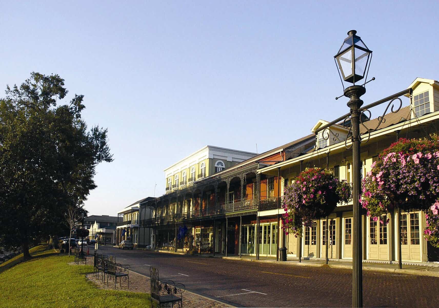 Street with historic buildings, iron balconies, hanging flower baskets, benches, and a lamppost under a clear sky, likely in a southern U.S. town.