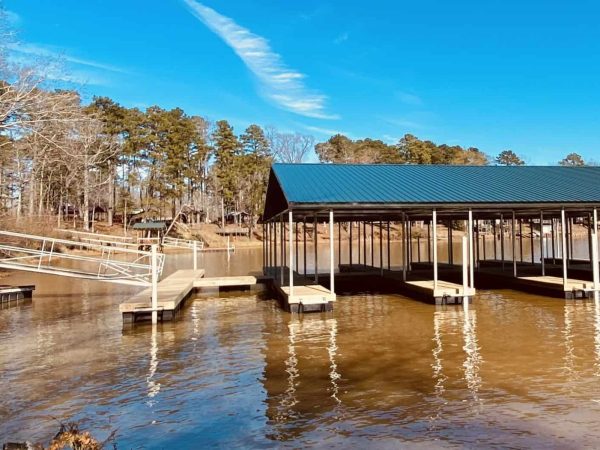 A lakeside scene with a wooden dock featuring a metal roof, extending over the water. A metal ramp connects to the shore, where leafless trees and evergreen trees are visible under a clear blue sky.